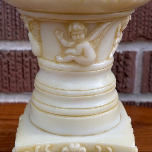 Vintage Marble Look Pedestal Stand Candle Holder Carved Angels and Lions - Picture 2 of 8